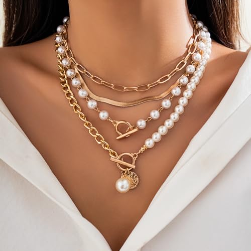 Layered Necklace Multilaye Chunky Plated layered Pearl Paperclip Chain Necklace Adjustable Layering Chain Plated Necklaces Set for Women Jewerly2