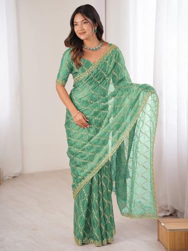 Image of AKHILAM Women's Shimmer Chiffon Heavy Sequence Embroidery Work Saree With Unstitched Blouse Piece (VT798A VM Parent)