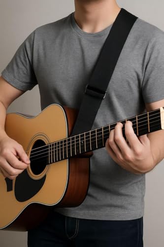 Image of BLUE PANTHER Black Guitar Strap with 2 Guitar Picks - Adjustable, Comfortable, Durable - Fits Acoustic, Electric & Bass Guitars - Universal Fit