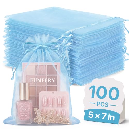 Image of FUNFERY 100PCS Baby Blue Organza Gift Bags 5x7in,Drawstring Jewelry Pouch