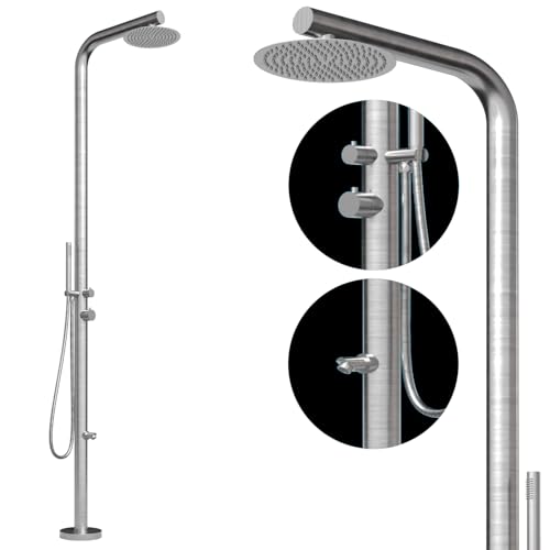 Four & More Designer Gartendusche Außendusche Pooldusche Regendusche Duschsäule Dusche aus gebürstetem V4A / 316 Edelstahl Modell HAWAII mit Warm- & Kaltwasseranschluß mit Duschkopf und Handbrause