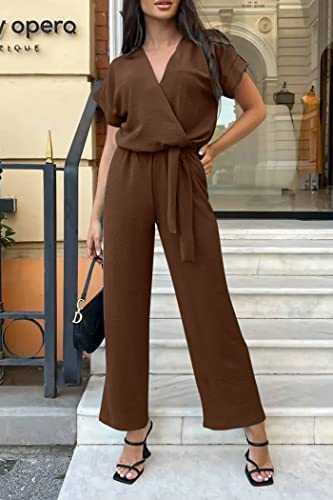 PRETTYGARDEN Women's Summer One Piece Jumpsuits Belted Short Sleeve Wrap V Neck Fashion Dressy Casual Wide Leg Pants Romper