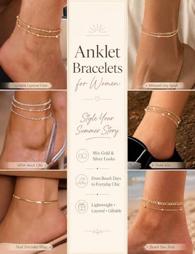 Image of LOYALLOOK Ankle Bracelets for Women Waterproof, 14K Gold Plated Cuban Figaro Link Chain Beaded Anklets Set, Dainty Layered Anklets for Women Non Tarnish Summer Beach Foot Jewelry Adjustable Size
