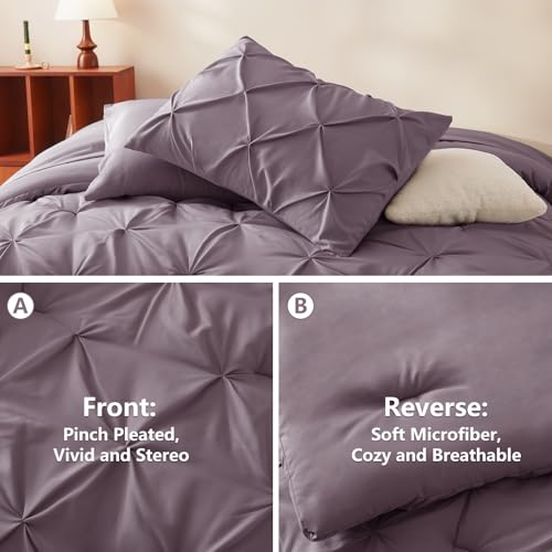 CozyLux King Size Comforter Set Grayish Purple, 7 Pieces Bed in A Bag Purple Comforter King Size, Pinch Pleat Bedding Set with All Season Comforter, Sheets, Pillowcases & Shams