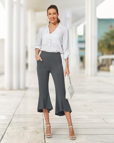 Image of G4Free Capri Pants for Women Stretch Yoga Dress Pants with Pockets Ruffle Bell Bottom Athletic Work Leggings