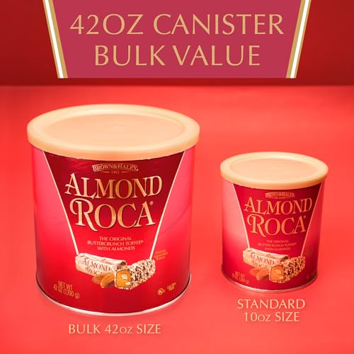 Brown & Haley Almond ROCA The Original Buttercrunch Toffee with Almonds Canister - Individually Wrapped Chocolate for Holiday Gift Basket - Gluten Free Kosher Chocolate Candy for Sharing, 42oz Pack of 1