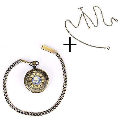 Image of ManChDa Mechanical Roman Numerals Dial Skeleton Pocket Watches with Box and Chains for Mens Women