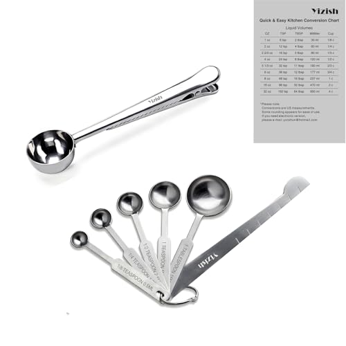 Yizish 304 Edelstahl Messlöffel mit Messlineal, Scoop mit Clip, Küchenumrechnungstabelle 8er Set zum Backen und Kochen