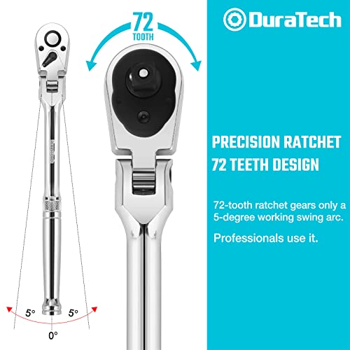 Duratech 3-Piece Flex-Head Ratchet Set, 1/4", 3/8", 1/2" Drive Ratchet, 72-Tooth With Quick-Release Reversible Design, Chrome Alloy Made, Fully Polished, Organized In Storage Case #TOP6
