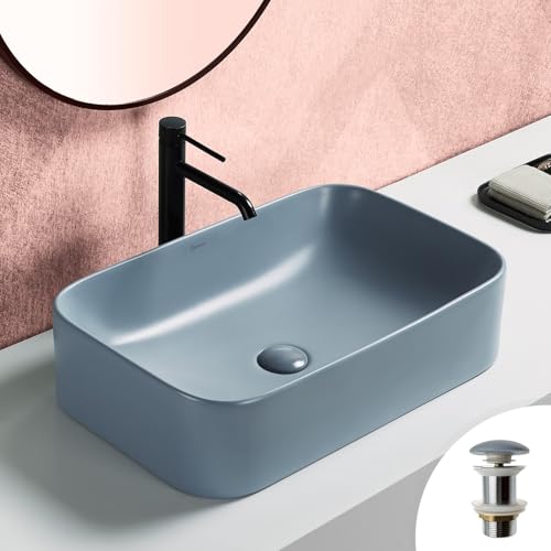 POLA Vasque à Poser Rectangulaire 61 x 38cm en Céramique Bleu Cendré Mat + Bonde Pop-up Incluse
