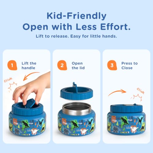 Image of MAISON HUIS 15oz Soup Thermo Wide Mouth Vacuum Insulated Stainless Steel Food Jar, Leak Proof for Hot&Cold Food Kids Lunch Container for School Travel (Blue-Dinosaur)