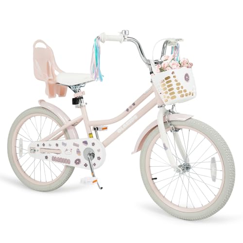 Image of Olakids Kids Bike, 12 14 16 18 20 Inch Girls Bicycle with Doll Seat Basket Adjustable Seat and Handlebar, Handbrake and Coaster Brake