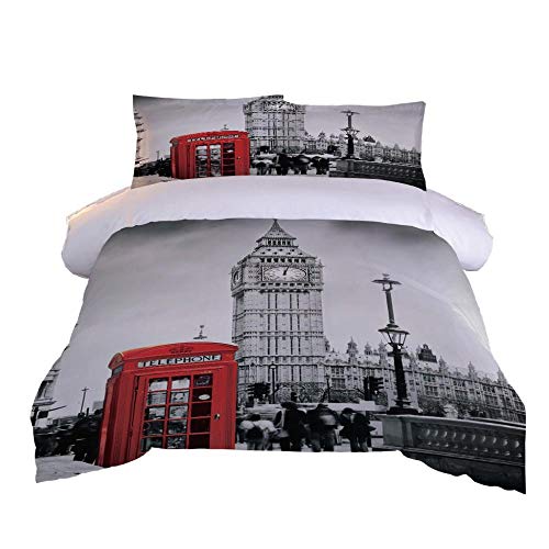 ZPOEQW Parure De Lit 200X200 Garçon 3D Big Ben, Londres Imprimé Housse De Couette 2 Personnes avec 2 Taies D'Oreillers, Ensemble De Literie en Microfibre 3...