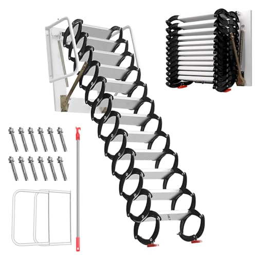 10FT Foldable Attic Ladder 12-Step 1102 LBS Ti-Mg Alloy Anti-Slip Attic Stairs Pull Down System with Handrails 23.6x27.5 Open Wall Mounted Loft Stairs for Garage Warehouse Basement (Black)