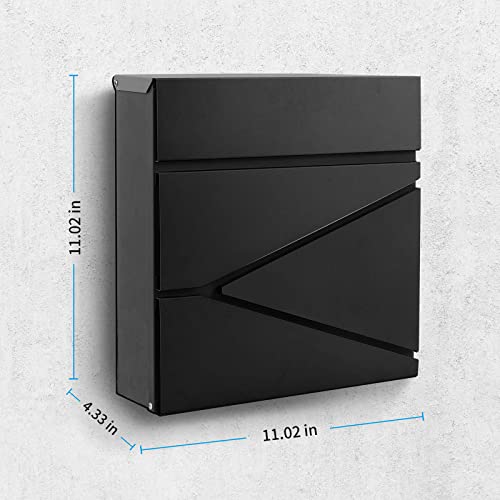 Image of Wall-Mount Mailbox for House Outside, Security Key Drop Box with Lock and Keys, Locking Postbox, Steel Metal Rust-Proof Mail Box, 11.02 x 11.02 x 4.33 Inch, Black, MD021