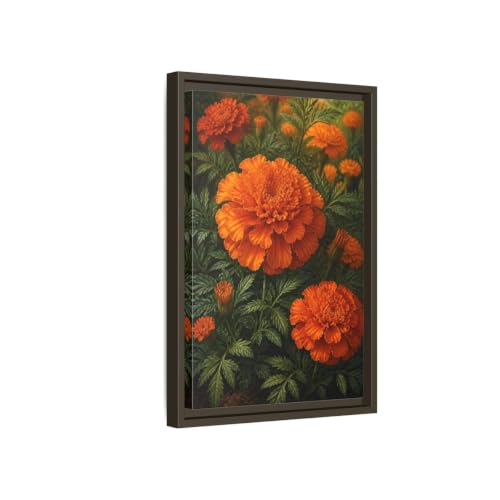 Tableau fleurs souci orange au-dessus du canapé pour créer un salon cosy