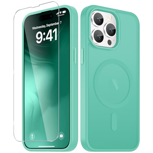 Image of YENAPOON for iPhone 14 Pro Max Case, Matte Magnetic Phone Cover [with 1 Screen Protector] [Support for MagSafe] [Shockproof Military Grade Protection] Translucent Frosted Back, Teal