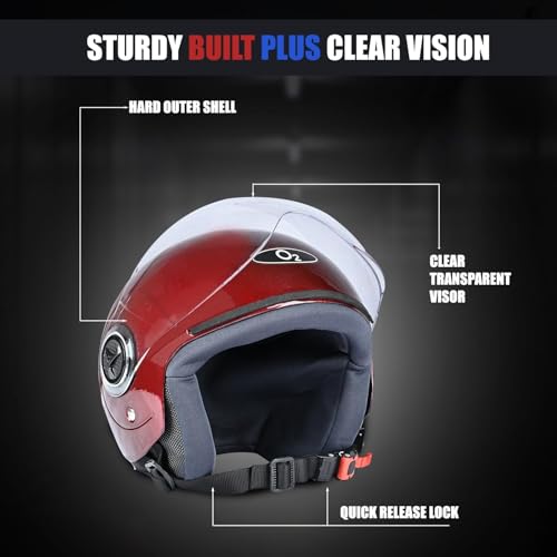 Image of O2 Open Face / Half face Helmet Unisex for Bike Women Men ISI Certified with Clear Visor Smooth Finish Lightweight & Compact (W. Red, 580mm Medium)