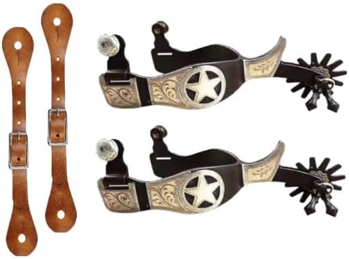 Horse Spurs Pair with Leather Spurs Belt, Antique Brass Western Style Spurs for Men and Women, Hand Carved Silver Spurs for Horseback Riding, Equestrian Competition MP04
