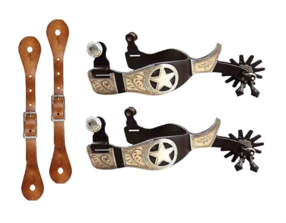 Pferdesporen Paar mit Ledersporen Gürtel, antikes Messing, Western-Stil, Sporen für Männer und Frauen, handgeschnitzte Silbersporen für Reiten, Reitwettbewerb MP04