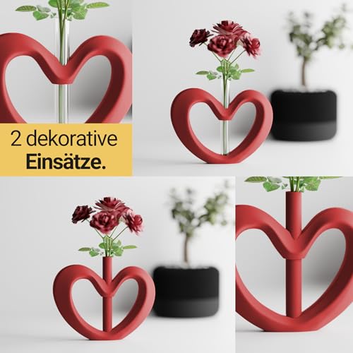 Herz Vase Modern, Recycelter Kunststoff, Minimalistische Tischvase mit Glasröhrchen für Einzelblume, Matt Finish, 18 x 13 cm, Wasserdicht, Valentinstag (Rot) – Bild 5