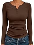 Trendy Queen Womens Long Sleeve T Shirts 2025 Henley Casual Fall Outfits Fitted Dressy Tops Ribbed Fashion Basic Tees Winter Clothes Chocolate Brown M