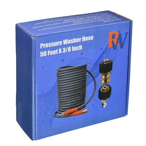 Image of RIDGE WASHER Pressure Washer Hose 50 Feet X 3 /8 Inch for Hot and Cold Water, with M22 14mm to 3 /8 Inch Quick Connect, 4000 PSI