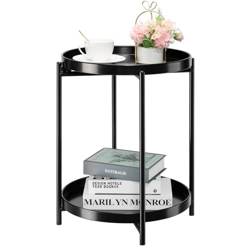 danpinera 2-Tier Round Side Table, Metal End Table with Removable Tray, Small Outdoor Table Accent Table, Anti-Rust Black Nightstand for Bedroom Balcony Patio (Black)