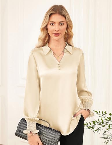 GRACE KARIN Womens Dressy Business Casual Blouses Satin Silk Collared V Neck Tops Lantern Long Sleeve Shirt for Work Office4