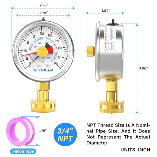 Image of MEANLIN MEASURE Stainless Steel 0~200Psi 3 /4 inch Female Water Pressure Test Gauge, 2.5 inch FACE DIAL with Red Indicator Hands, Dry Hydraulic Tester Suitable for Gardens, Water Pipes