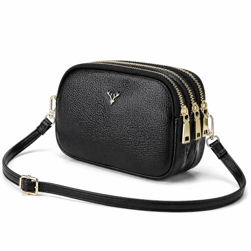 Bolsa Transversal Feminina de Tamanho Pequeno Design Simples com 3 Zíperes Porta Celular, Bolsa Tira Color Pequena Preta de Couro Legítimo (Estilo 1)