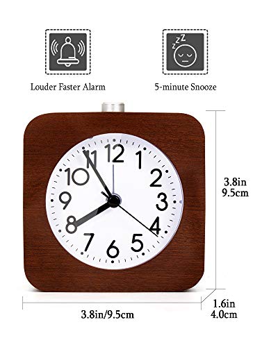 Reynoe 4 Inch Wooden Analog Alarm Clock Battery Operated Non-Ticking With Snooze Button,Night Light,Gentle Wake #TOP2