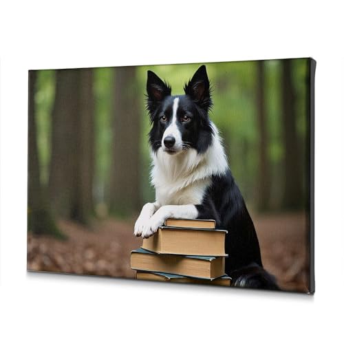 Tableau décoratif chien assis livres forêt salon Pâques