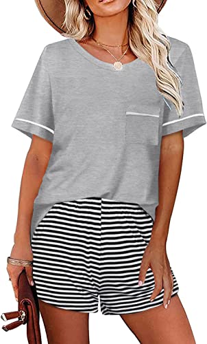 UNibelle Schlafanzug Damen Pyjama Kurz Hausanzug Gestreift Nachtwäsche Baumwolle Loungewear, Hellgrau, S Cover