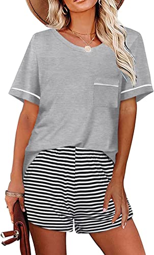 UNibelle Pyjamas for Women Set Striped Loungewear Short Sleeve Sleepwear Comfy Pj Sets Crew Neck Nightwear, Light Grey, S