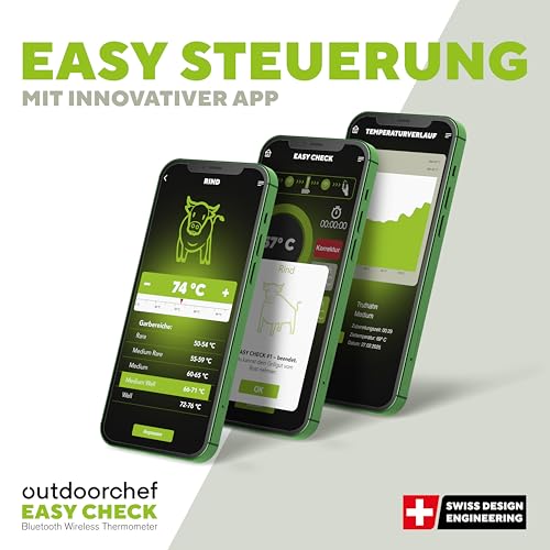 Outdoorchef Easy Check Thermometer Dual – Wireless Bluetooth BBQ‑Thermometer mit App, 2 hitzebeständige Fühler für Fleisch & Garraum, 200 m Reichweite, spülmaschinenfestes Grillthermometer