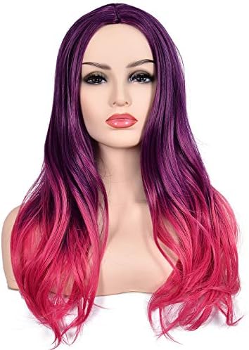 morvally Women's Long Wavy Ombre Two Tone Purple Pink Synthetic Wig for Women Cosplay Halloween Costume Party Wigs