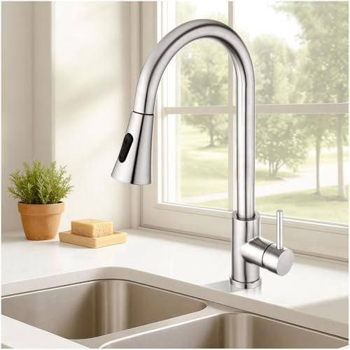 ACA International Kitchen Mixer Tap 2 Modes Spray Kitchen Taps 360° Swivel Laundry Sink Faucet Stainless Steel Taps (Polished Chrome Stainless Steel)