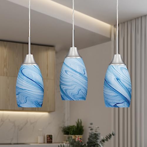 Image of Mini Glass Pendant Light with Handblown Blue Marble Art Glass Shade Adjustable Cord Modern Oval Lamp Ceiling Pendant Light Fixture for Dining Room, kitchen,Foyer, Hallway, Brushed Nickel Finish 3 Pack