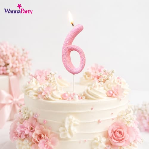 Image of Wanna Party Glitter Designer Pink Number 6 Birthday Candle, Numerical Cake Candle for 6th Birthday, Cake Cutting, Party Decoration & Celebration Supplies - 1PC