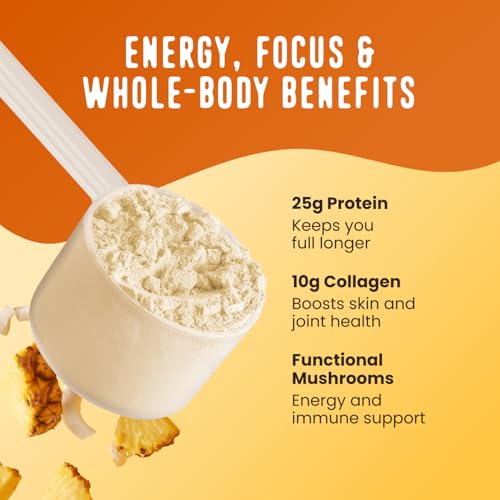 Image of FlavCity All in One Protein Shake Powder, Pineapple Coconut - On the Go Meal Alternative + Collagen Peptides, Reishi & Cordyceps - Focus, Skin, Hair & Joint Support - 100% Grass Fed Whey, 20 Servings
