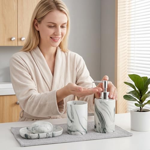 Juego de baño de mármol cerámico de lujo nórdico gris verdoso de 3 piezas elegante 5