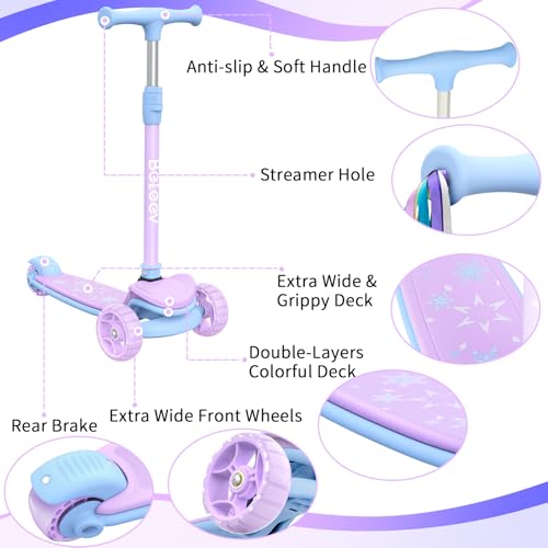 BELEEV Scooter for Kids Ages 3-12, 3 Wheel Folding Scooter for Toddlers Girls Boys, PU LED Light-Up Wheels, 4 Adjustable Height, Lean to Steer, Three Wheel Kick Scooters for Children (Purple) - Thumbnail 6