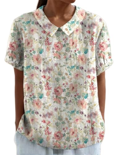 Women's Summer Boho Floral Cotton Linen Short Sleeve Shirt Top Dressy Casual Cute Lapel Loose Comfy Blouse
