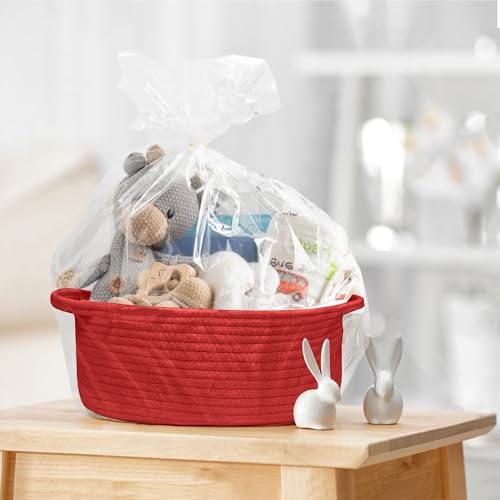 Image of Small Woven Gift Basket, Baskets for Gifts Empty, Cotton Rope Cat Dog Toy Box, Nursery Baby Bin, Wicker Basket with Handles, Shelf Storage and Home Decor, Red, 12 inchx 8 inchx 5 inch