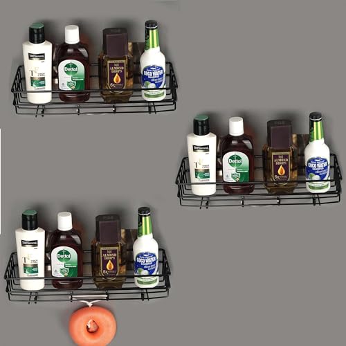 Image of Arena Multipurpose Wall Mount Bathroom Shelf and Rack for Home and Kitchen. Self Adhesive Sticker Support Without Drilling. (3 Bathroom Shelf, Black)