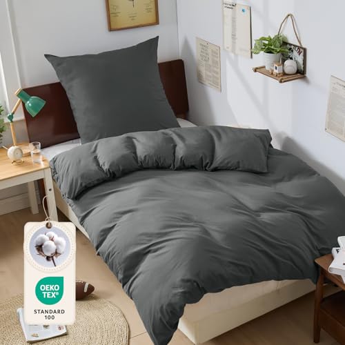 BEDELITE Bettwäsche 135x200 Baumwolle 2teilig - Bettwäsche-Sets Grau mit Reißverschluss, Bettbezug 135x200cm Anthrazit mit Kissenbezug 80x80 cm, Oeko-TEX Bedding weiche und kuschelige Bettwaren