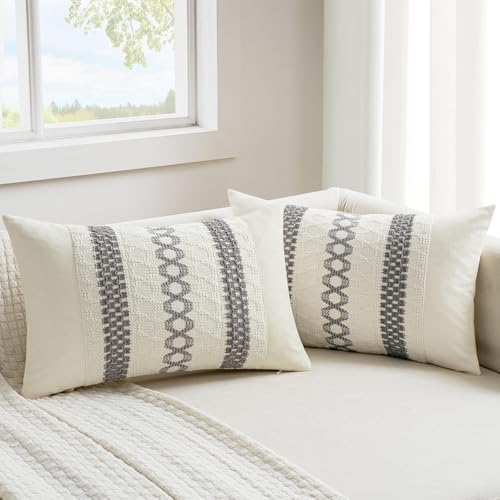 Image of MIULEE Set of 2 Gray Boho Decorative Lumbar Pillow Covers 12x20 Inch | Farmhouse Couch Throw Pillows Modern Cotton Cushion Covers Macrame Woven Spring Home Decor for Bed Sofa Chair