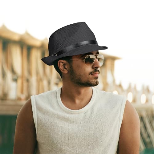 Image of Straw Trilby Fedora Hat for Men Women 1920s Panama Hat Short Brim Summer Beach Sun Hat with Band