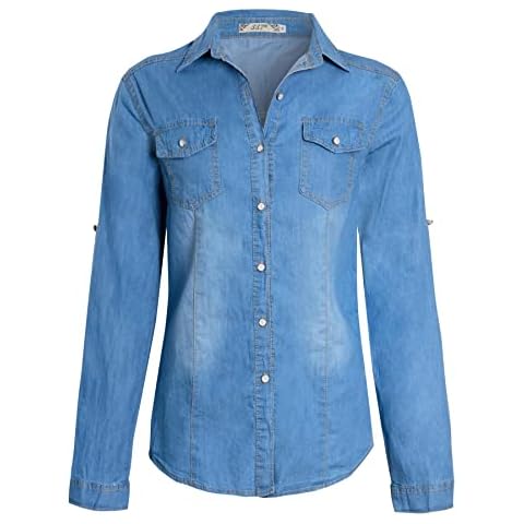SS7 Womens Denim Shirt Cotton Slim Fit Stonewash Blue Cover